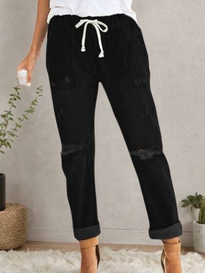 New Women’s Casual Set Wearing Distressed Stretch Jeans, Elastic Waisted Jeans, Denim Jogging Pants