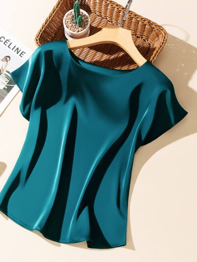 Silky Acetate Satin Round Neck T-shirt For Women