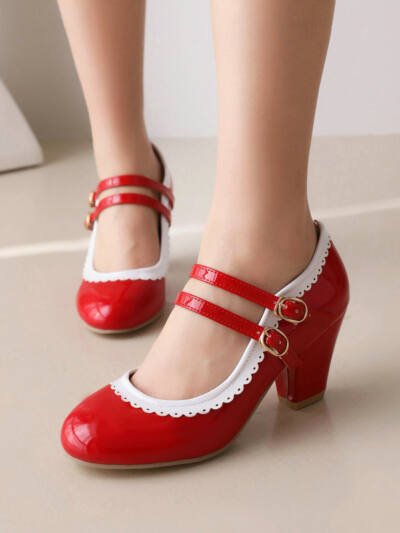 Womens Round-toe Patent Leather Chunky-heeled High Heels In Candy Colors