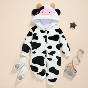 Children's Baby Cow Fluff Long Leg Hooded Romper