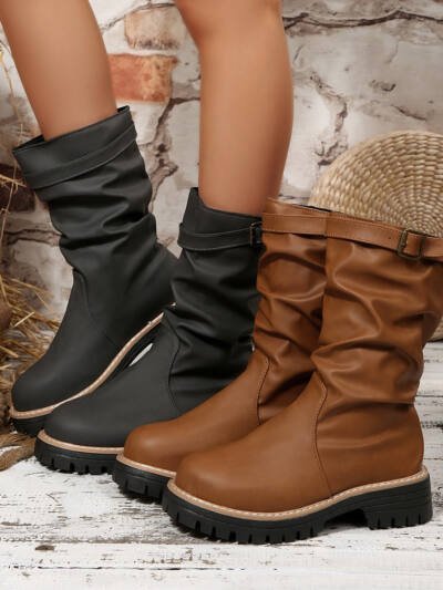 Korean-style Solid-color Fleece-lined Thermal Over-the-knee Boots For Fall And Winter