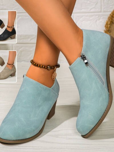Chunky Heel Round Toe Ankle Boots With Side Zipper Design Fashion Fall Winter Short Boots For Women Shoes
