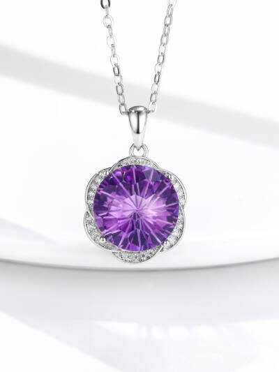 S925 Silver Set Natural Amethyst Necklace European And American Luxury Flower Design Pendant