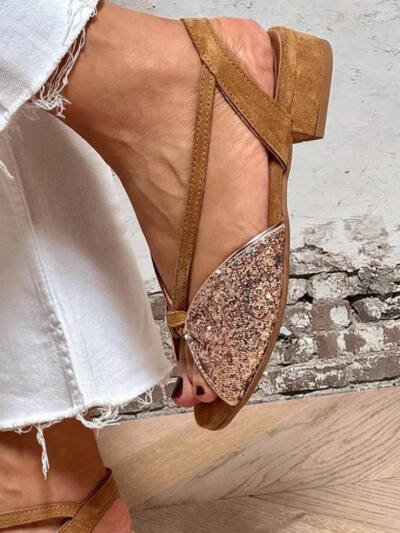 Brown Suede Glitter Embroidered Peep Toe Sandals