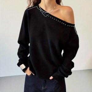Womens Knitted Top With Rivet-Embellished Slanted Shoulders And Long Sleeves