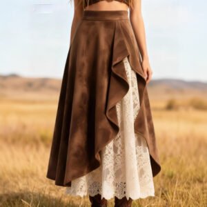 Womens Retro Western-Style Suede And Lace Patchwork Skirt