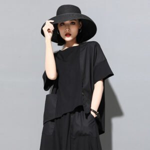 Womens Stylish, Personalized Patchwork Asymmetrical Short-Sleeve Top