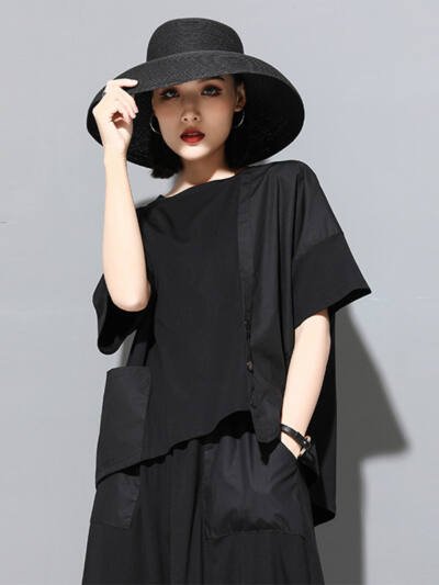 Womens Stylish, Personalized Patchwork Asymmetrical Short-Sleeve Top