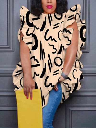 Women's Plus-Size Printed Crew-Neck Ruffle-Trim Loose-Fit Blouse