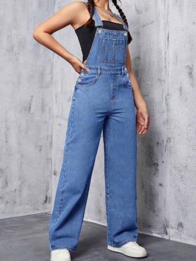 Womens Washed Blue Denim Overalls Casual And Loose-Fitting