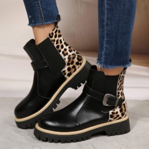 Large-size Fashionable Leopard Print Metal Buckle Boots