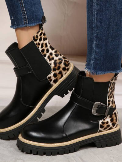 Large-size Fashionable Leopard Print Metal Buckle Boots
