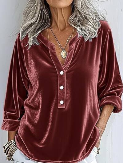 Womens Long-sleeve Solid-color V-neck Loose-fit Blouse