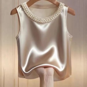 Womens Solid-Color Crew-Neck Beaded Tank Top T-Shirt