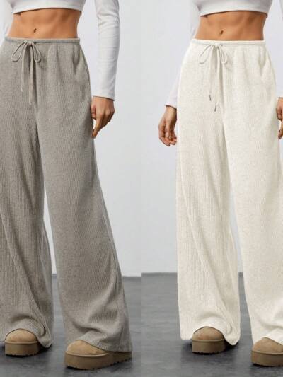 Womens Solid-Color Flowy Drawstring-Waist Wide-Leg Casual Pants