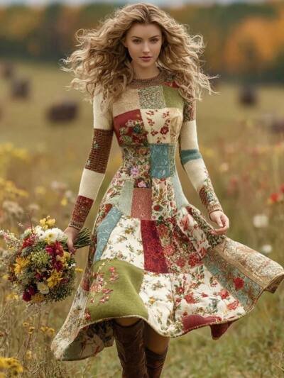 Womens Long-Sleeve Crew-Neck Patchwork Dress With Chunky Knit And Retro Cable Knit Details