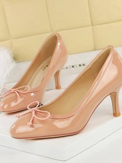 Bow-tie Round-toe High Heels Womens Low-cut Pumps