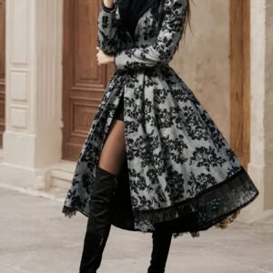 New Women’s Evening Dress, Lace Decoration, Collar, Flower Print Press, Long Sleeve, Dance Dress
