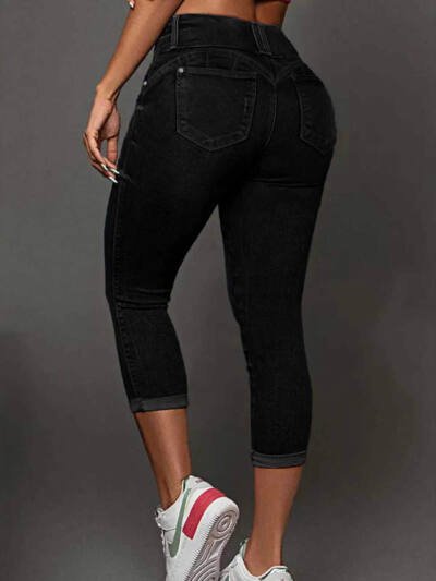 Womens Solid-Color High-Waist Bootcut Waist-Cinching Denim Jeans