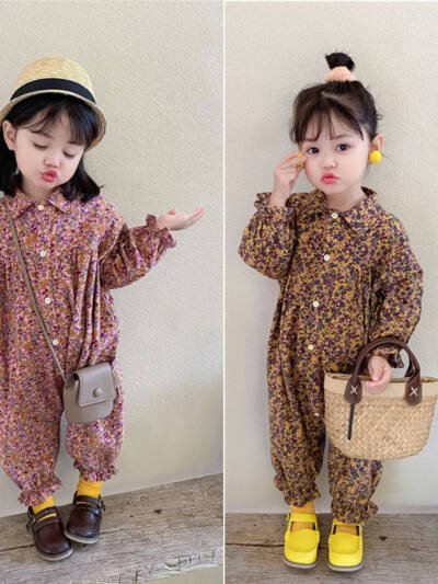 Floral Long-sleeve Padded Brushed Romper For Little Girls