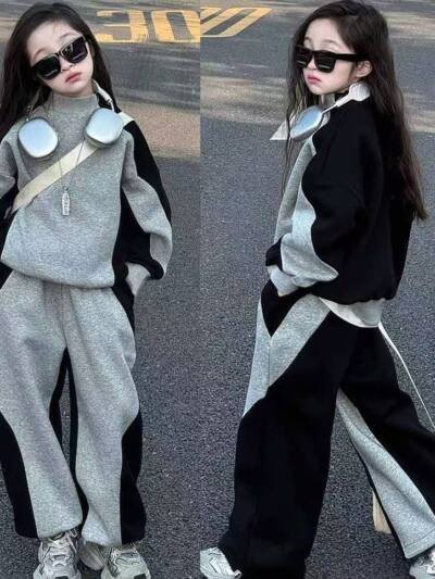 Color Matching Children And Teens Two-piece Suit Girls Casual Track Sweatpants Fashion
