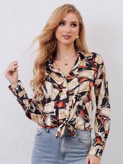 Womens Fashion Casual Printed Lapel Shirt