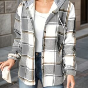 New Plaid Pattern Long Sleeved Hook And Loop Wool Lined Hooded Jacket For Warmth, Women's Plaid Hooded Drawstring Jacket, Single Breasted Closure, Comfortable And Casual