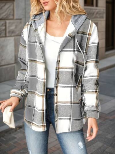New Plaid Pattern Long Sleeved Hook And Loop Wool Lined Hooded Jacket For Warmth, Women's Plaid Hooded Drawstring Jacket, Single Breasted Closure, Comfortable And Casual