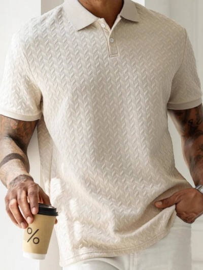 Mens Casual Short-sleeve Textured Polo Shirt Top
