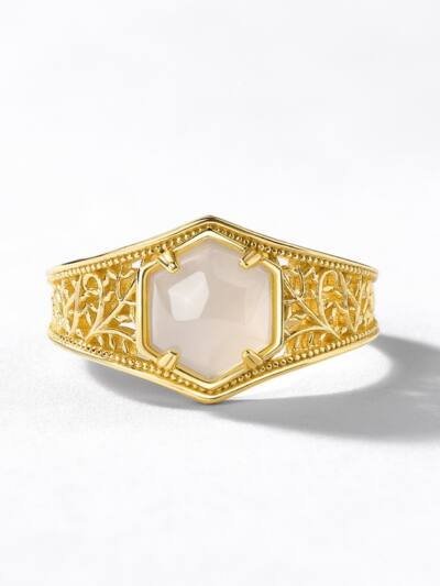 Retro Style Geometric Hexagon Hetian Jade Ring