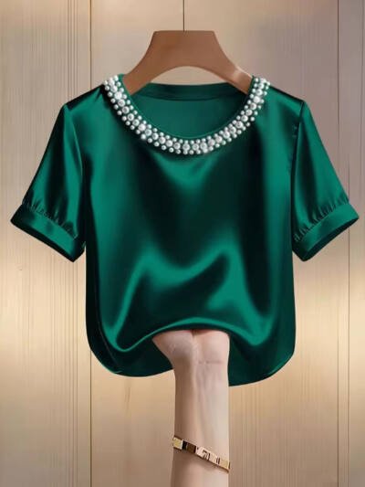 Sleek Stylish And Elegant Beaded Crew-neck Short-sleeve T-shirt