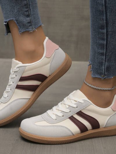 Color-blocked Retro Skate Shoes German-style White Sneakers For Women