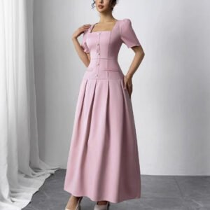 Slimming Square Neckline Dress With Puff Sleeves