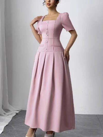 Slimming Square Neckline Dress With Puff Sleeves