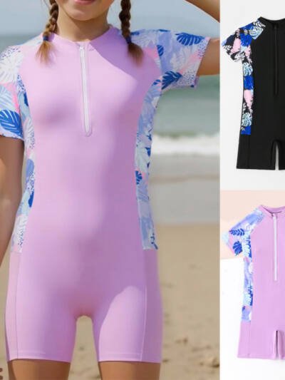 Girls' Short-sleeved Zipper One-piece Boxer Swimsuit For Middle And Big Children