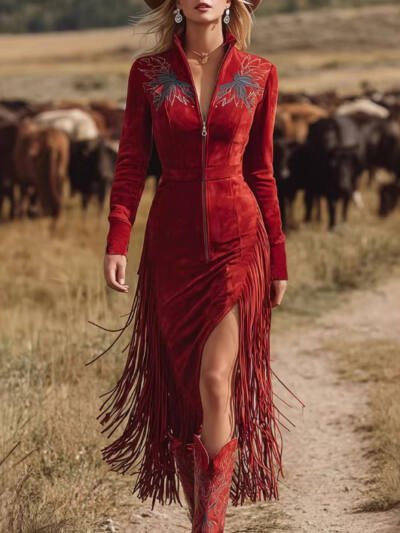 Retro Embroidered Red Tassel Faux Suede Midi Skirt