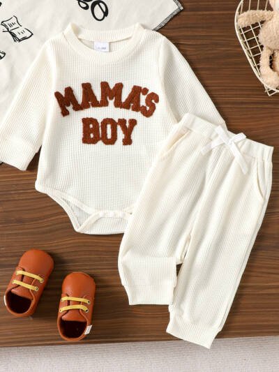 Two-piece Set For Baby Boys Apricot-colored Long-sleeve Bodysuit And Long Pants