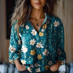 Floral-print Long-sleeve Shirt Delicate Linen Casual Blouse