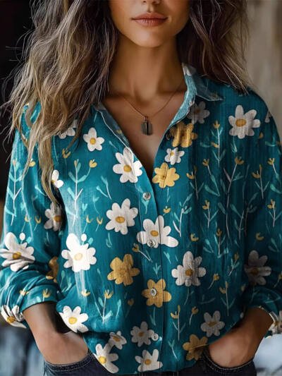 Floral-print Long-sleeve Shirt Delicate Linen Casual Blouse