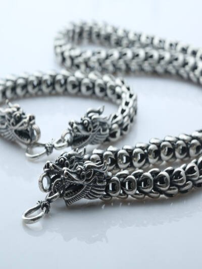 Double Chinese Dragon Heads Dragon Scale Necklace S925 Silver Vintage