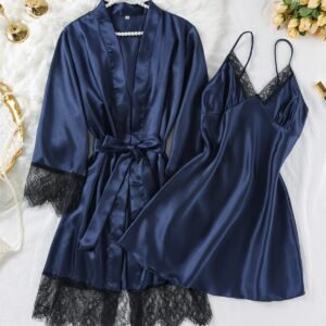Womens Four-Season Home Wear Strap Nightgown With Tie-Back Robe Set 2 Pieces
