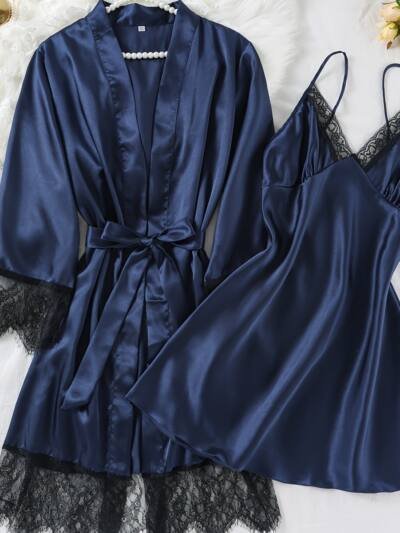 Womens Four-Season Home Wear Strap Nightgown With Tie-Back Robe Set 2 Pieces