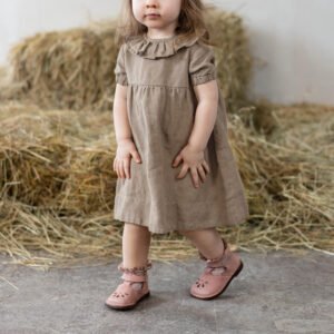 Cotton And Linen Children's Clothing Ruffled Round Neck Waist Puff Sleeve Dress