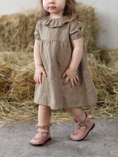 Cotton And Linen Children's Clothing Ruffled Round Neck Waist Puff Sleeve Dress