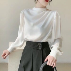 Retro Hong Kong-Style Shirt With A Designer Touch Satin Acetate Professional Top For Autumn