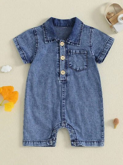 Boy's Western Style Solid Color Short Sleeve Rompers