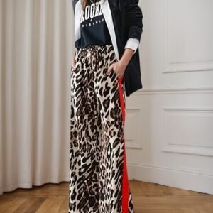 New Women’s Casual Pants With Drawstring Leopard Print Color Blocking Side Stripes Straight Leg Wide Leg Loose Pants Comfortable And Skin Friendly