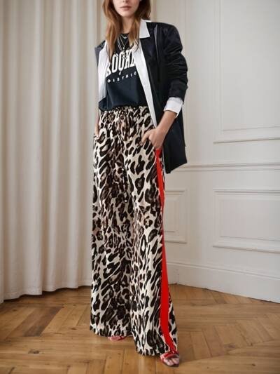 New Women’s Casual Pants With Drawstring Leopard Print Color Blocking Side Stripes Straight Leg Wide Leg Loose Pants Comfortable And Skin Friendly