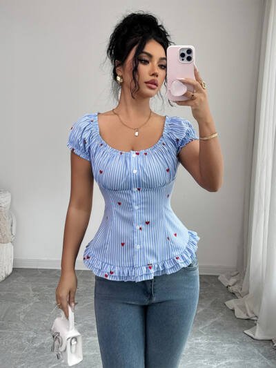 Elegant Figure-flattering Shirt With A Waist-cinching Design Floral Print And Puff Sleeves