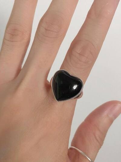 Silver Black Agate Loving Heart With Opening Women's Ring Simple